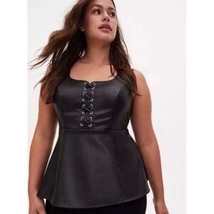 Torrid Black Faux Leather Lace Up Peplum Fitted Vest Top Biker Plus Size 00 M/L